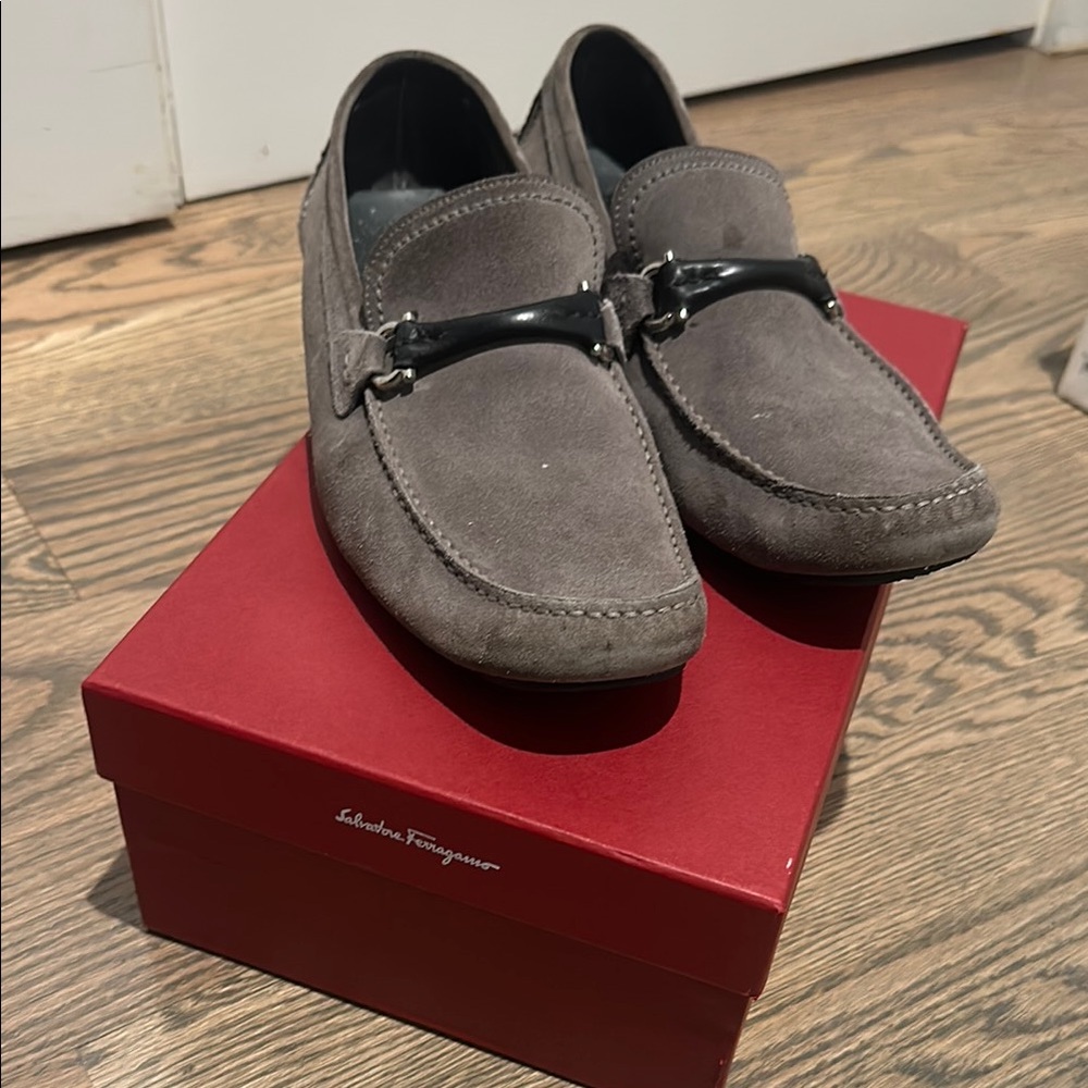 Salvatore Ferragamo Gray Suede Slip-On Loafers